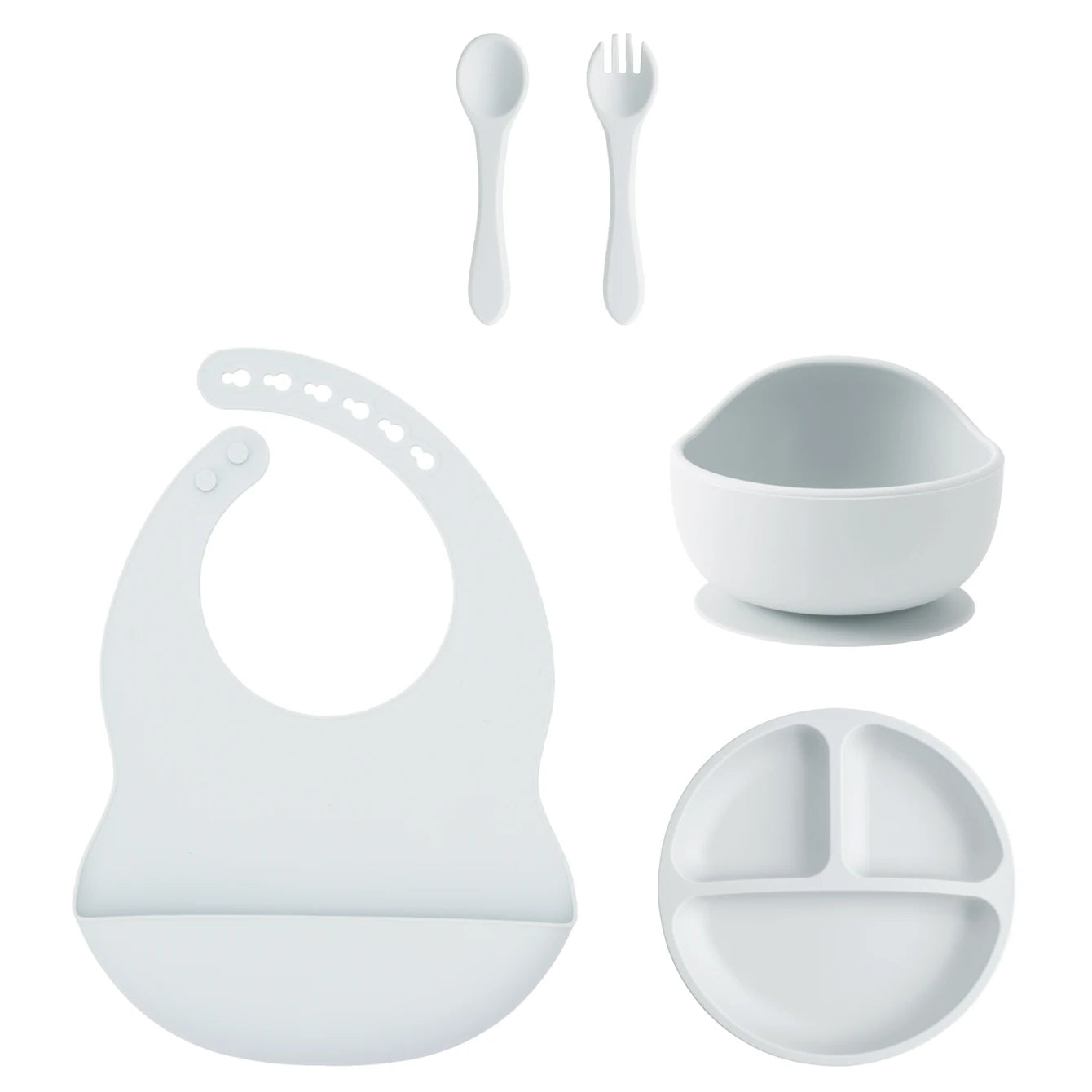 5PCS Silicone BPA Free Baby Toddler Feeding Set; Suction Plate, Suction Bowl, Bib, Spoon Fork Training Tableware Gift Set