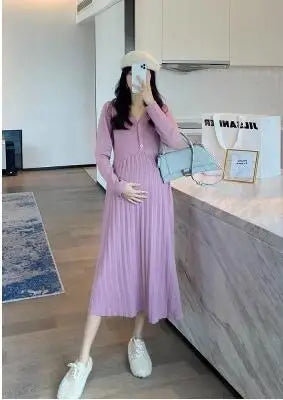 Maternity V-Neck Long Sleeve Sweater Dress