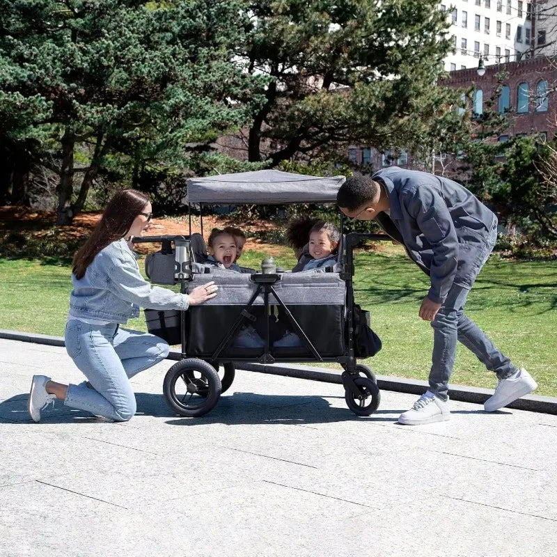 NEW Premium Quad Stroller Wagon for 4 Kids with Removable Canopy & Flat Fold,Adjustable Push/Pull Handles, Convertible Seats-Grey
