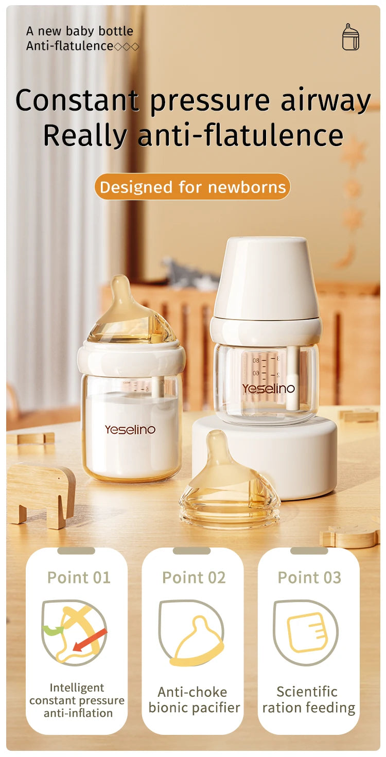 Newborn Glass Baby Bottles 160ml Silicone Nipple, 0-6 Months Anti Bloating Anti Spitting Choking