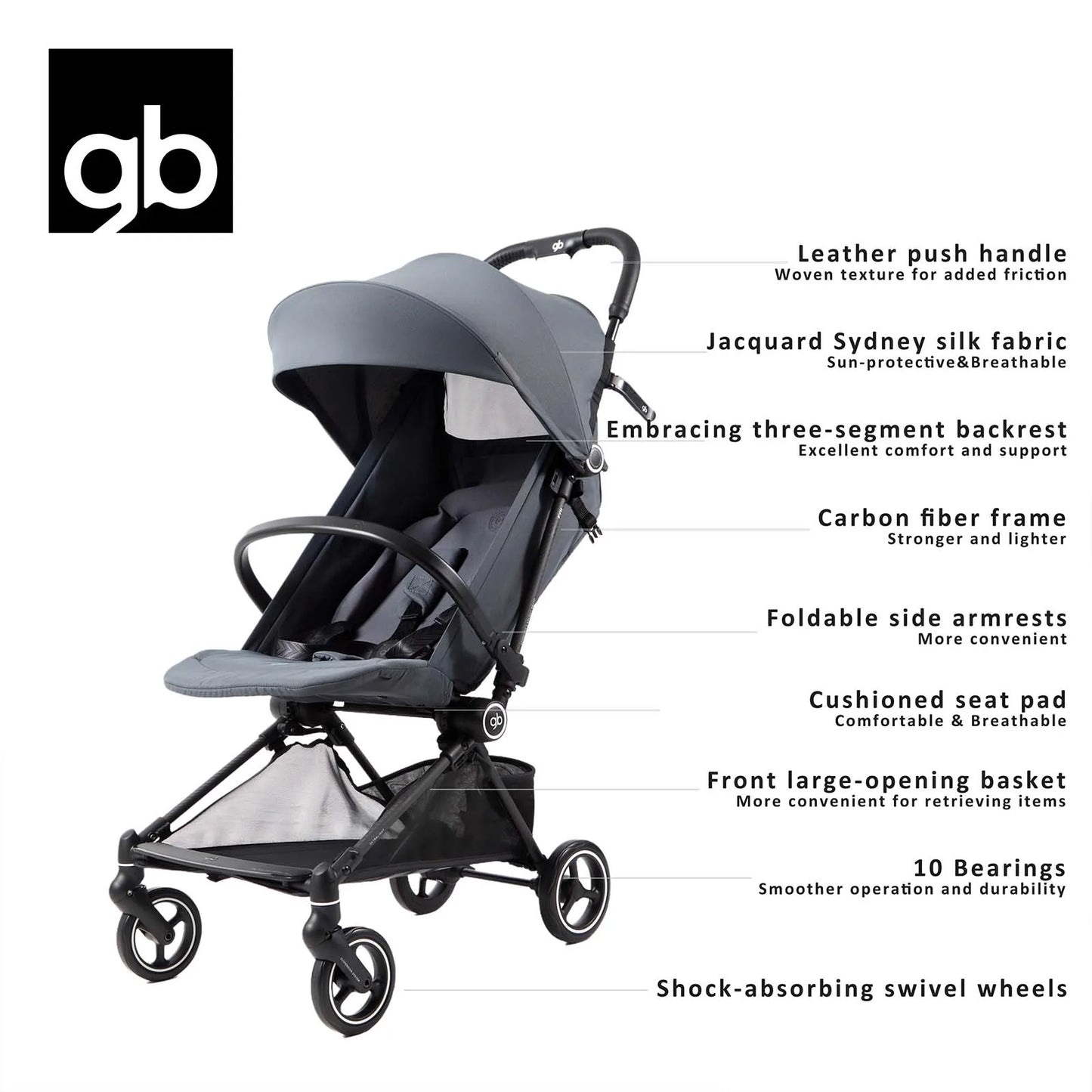 Gb FYN Carbon Fiber Stroller - Ultra-Lightweight 3.9kg/8.6lbs, One-Hand Fold,  Airplane & GT Friendly, with Cargo Basket, Canopy