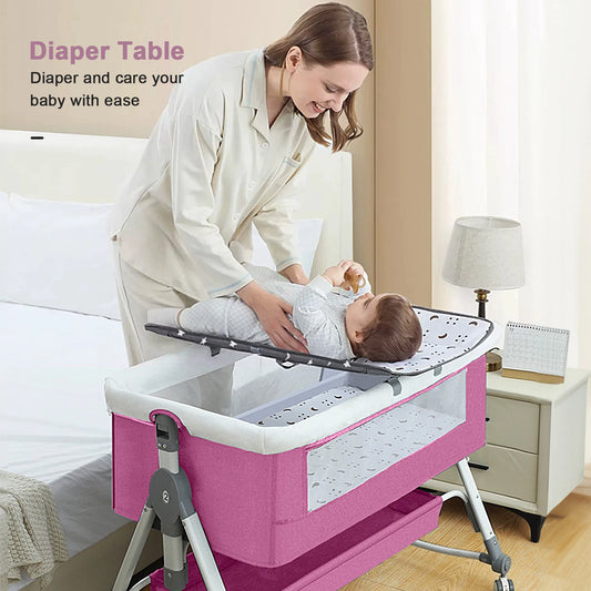 Bedside Bassinet for Baby Unisex Portable Travel Cribs with Wheels 3 in 1 Crib Foldable Height Adjustment Movable Bedside Swing