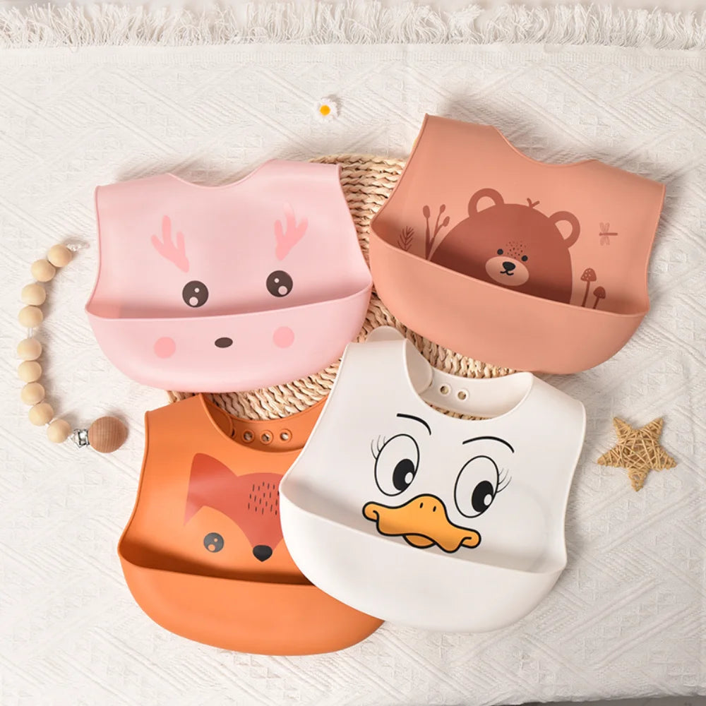 Animal Face Silicone Baby Meal Bib with 3D Waterproof Design Ultra-soft Easy-to-clean Large-sized Drool Bib for Toddlers and Children