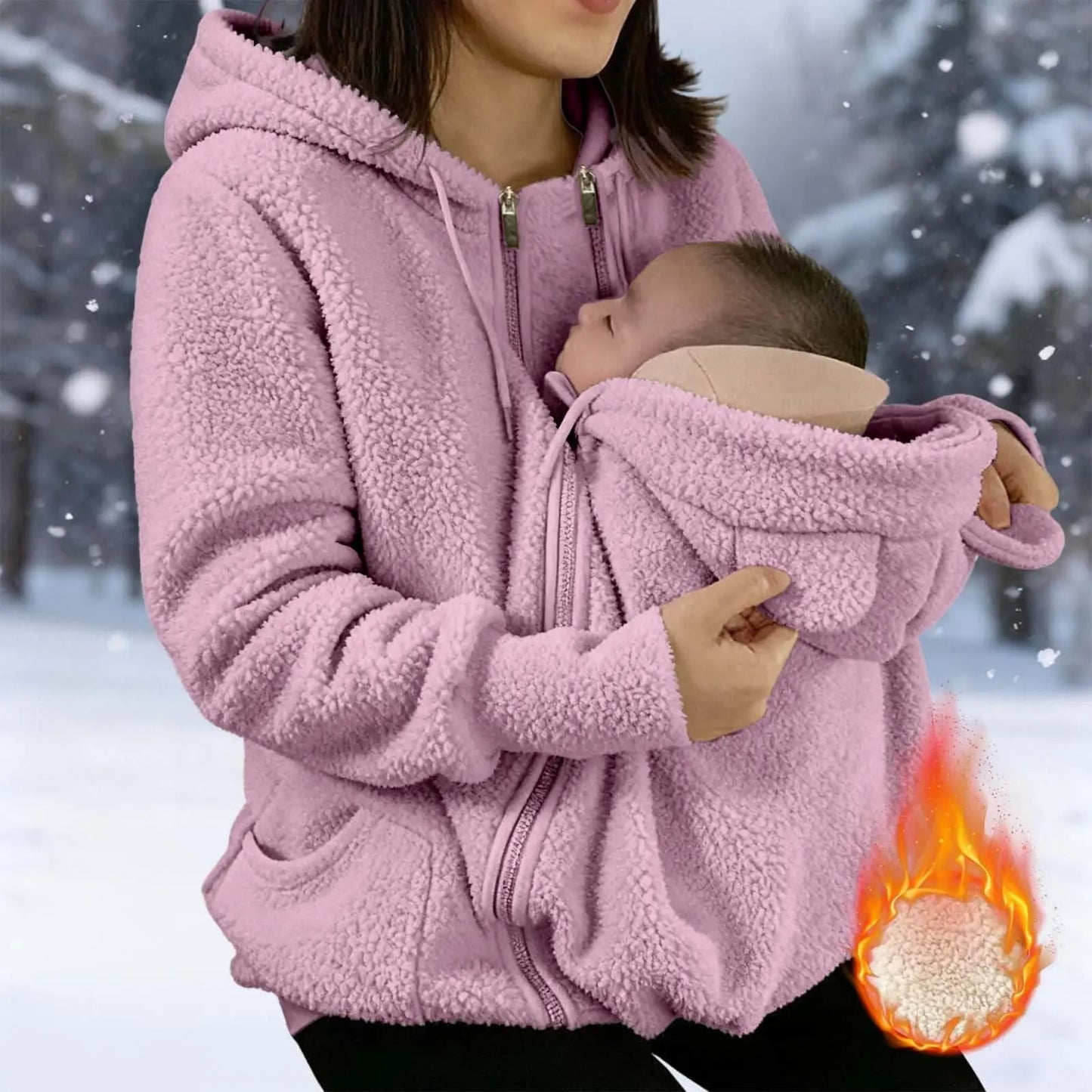 Maternity Warm Fleece Jacket Full Zip Baby Kangaroo Pouch For Winter Multifunctional Jacket, Plus Size Available