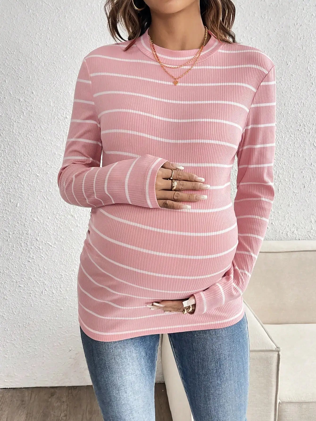 Maternity loose casual pink striped knitted cotton fabric round neck long sleeve pregnant woman T-shirt