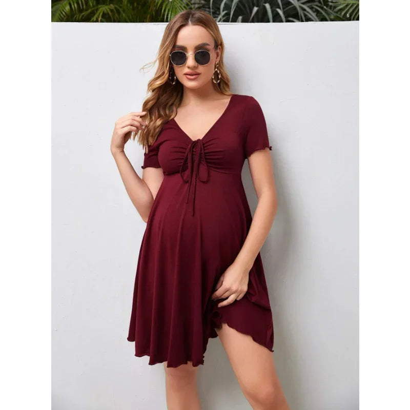 Maternity Summer Solid Color V-neck Loose Plus Size Women Dress