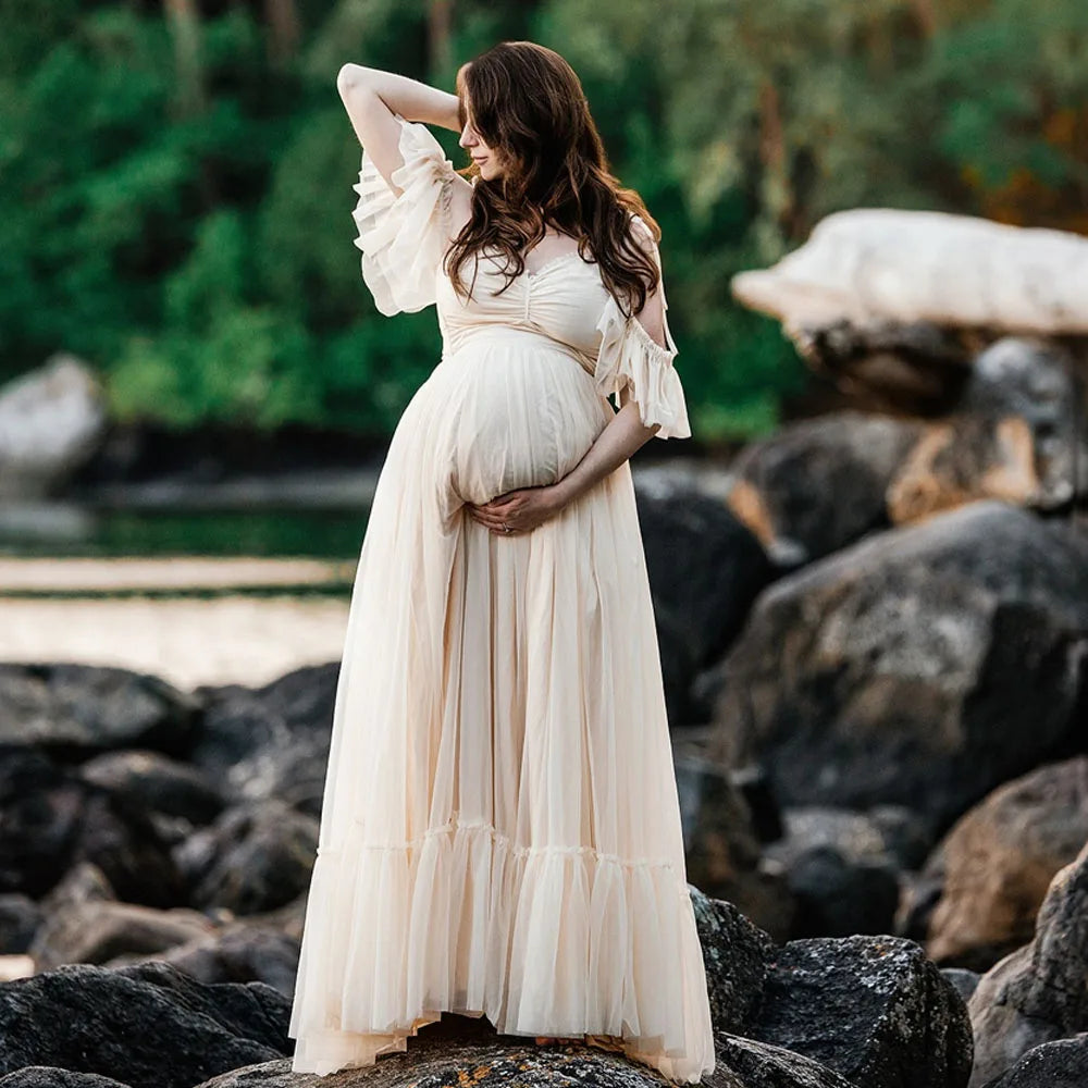MaternityPhoto Shoot Dress Elegant Chiffon Two-Piece Dress With Adjustable Back Straps Short Top And Mesh Lace Skirt