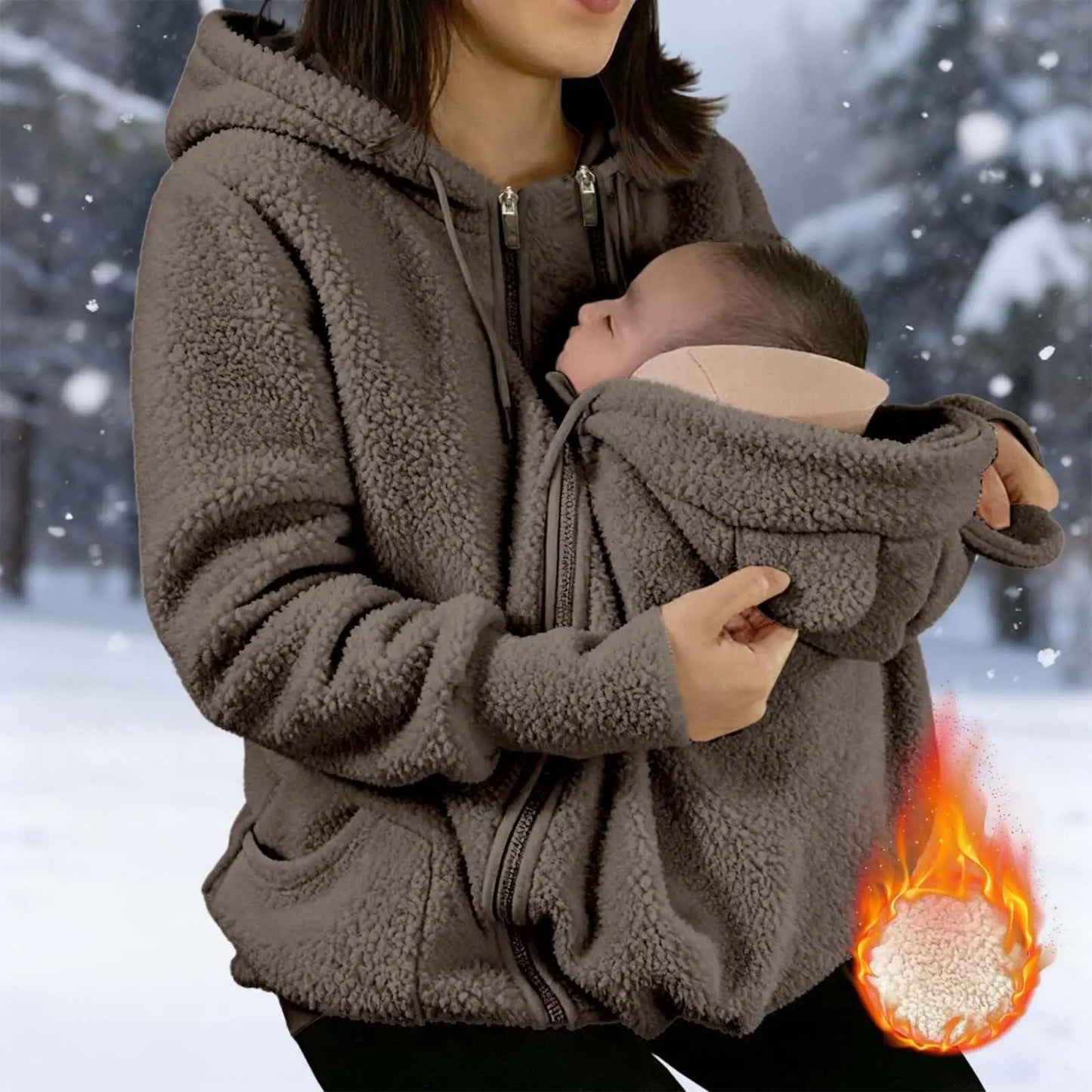 Maternity Warm Fleece Jacket Full Zip Baby Kangaroo Pouch For Winter Multifunctional Jacket, Plus Size Available