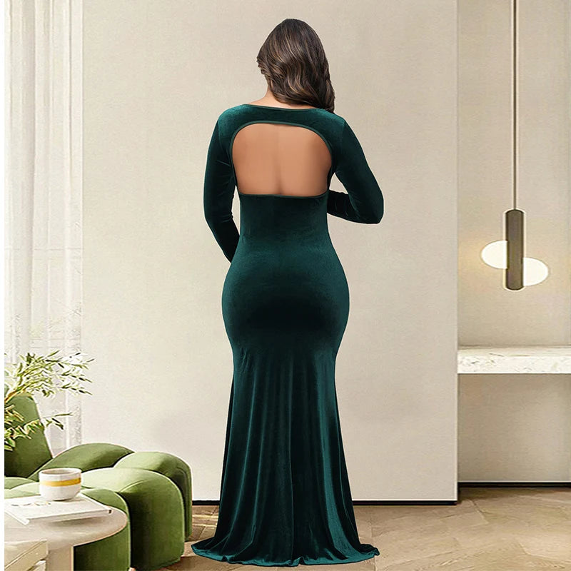 Maternity Photography Dress Velvet Sexy Exposed Belly Long Sleeve Backless Square Neck Women Photoshoot Dress