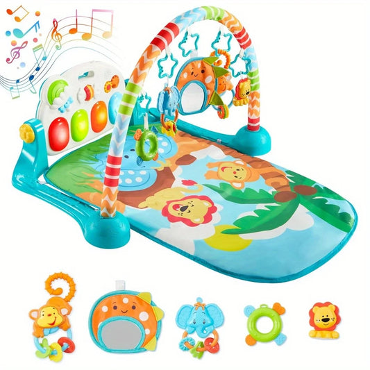JOYFY Baby Play Mat Tummy Time Mat Toy for 0-12 Months Baby Musical Learning Toy Adorable Animal-Themed Play Gym with Piano Panel