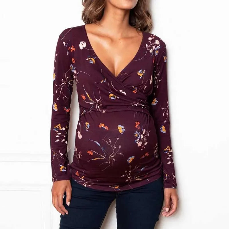 Maternity Nursing V-neck Long Sleeve Top  Breastfeeding Clothes for Pregnant Woman