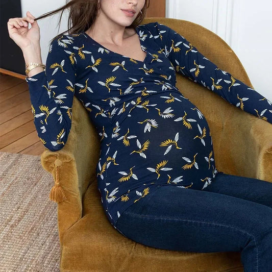 Maternity Nursing V-neck Long Sleeve Top  Breastfeeding Clothes for Pregnant Woman