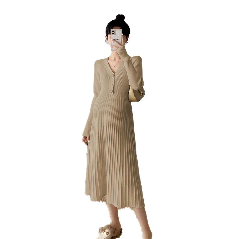 Maternity V-Neck Long Sleeve Sweater Dress