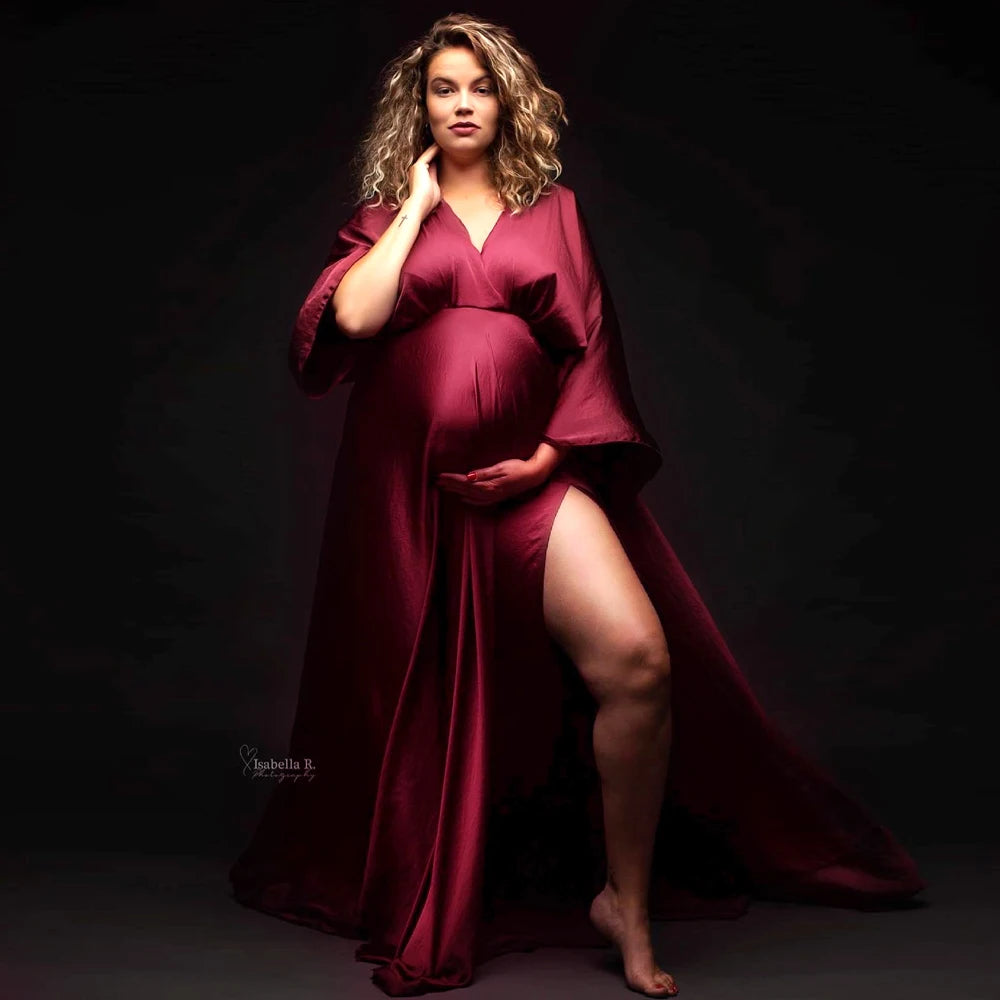 Maternity Photography Gown Elegant Soft Satin Chiffon Long Sleeved Dress Bohemian Photo Shooting Pregnancy Dress