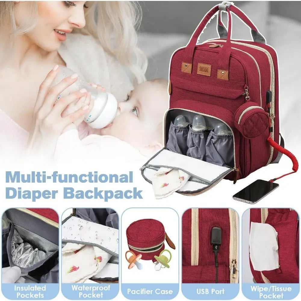 Large Diaper Bag with Changing Station, Foldable Diaper Bag Backpack with Bed, Diaper Bag with Insulated Pockets