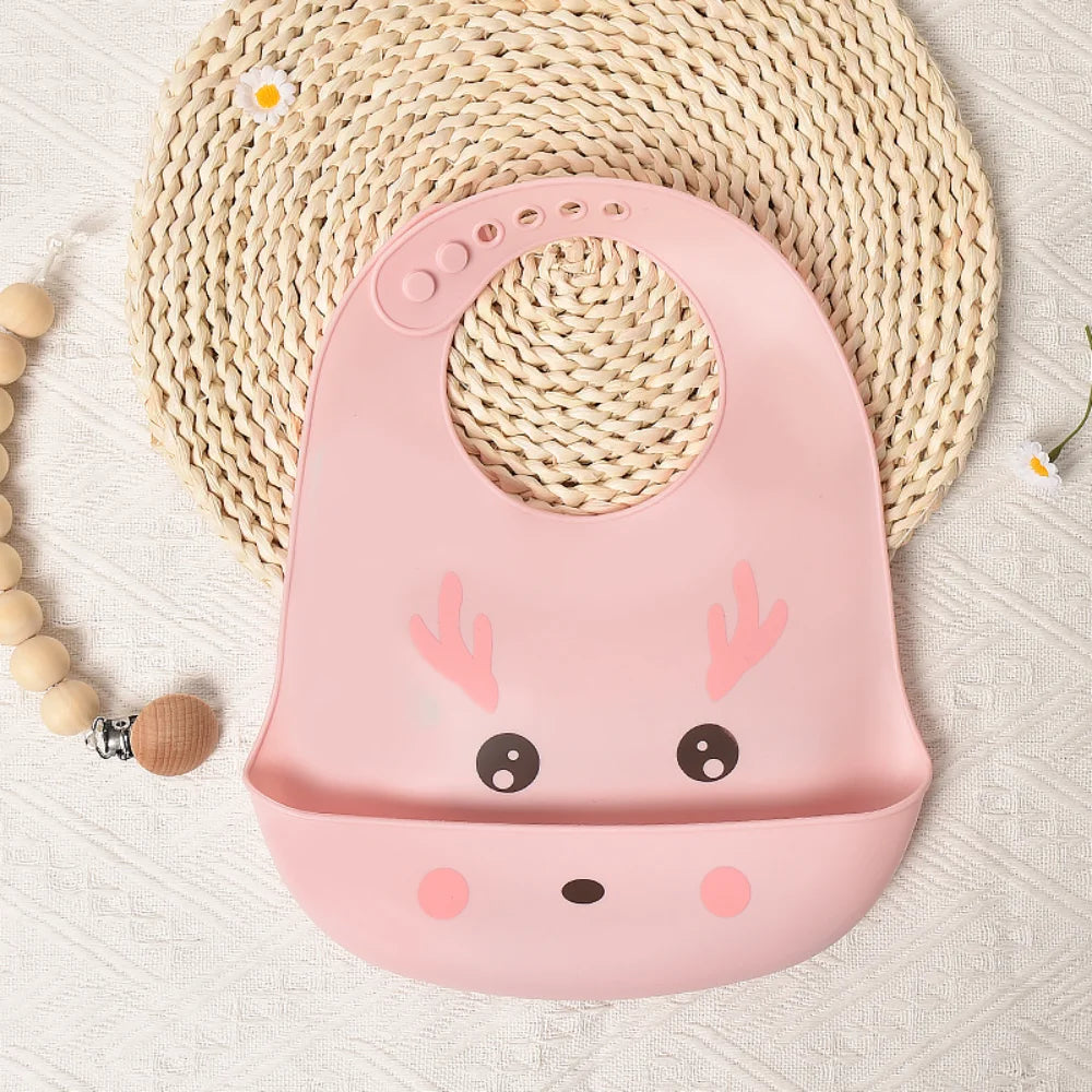 Animal Face Silicone Baby Meal Bib with 3D Waterproof Design Ultra-soft Easy-to-clean Large-sized Drool Bib for Toddlers and Children