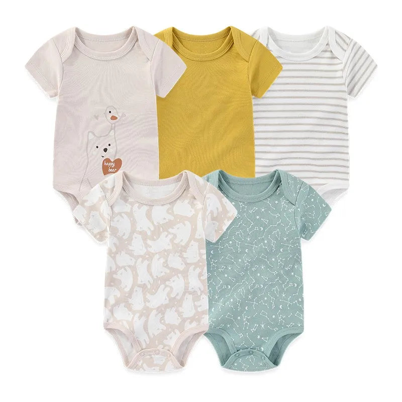 95% Cotton Newborn Baby Onesies Four Seasons Fashion Cartoon Short Sleeve Baby Boy Girl Bodysuits Soft Unisex- 5 Pcs/Lot