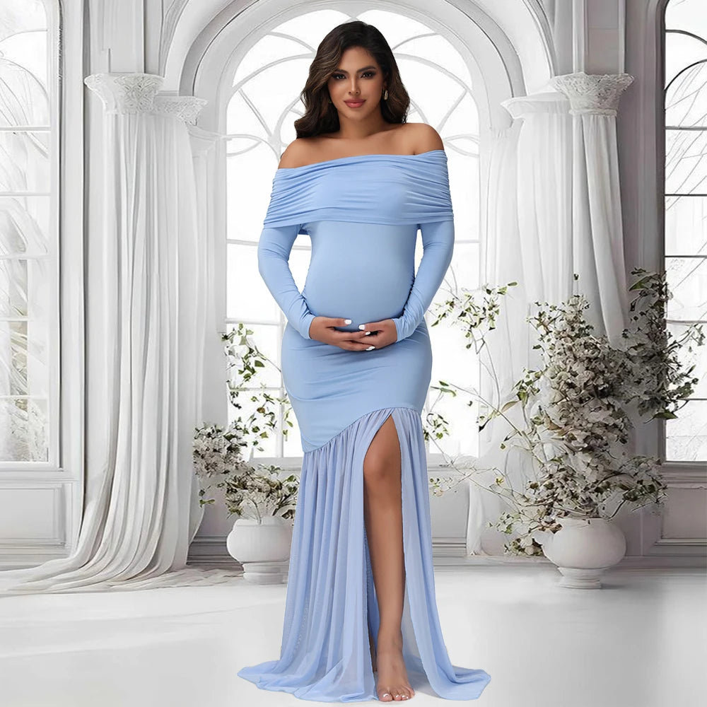 Maternity Photography Off-Shoulder Slits Fishtail Hem Baby Shower Clothes For Pregnant Woman Evening Party Elegant Gown