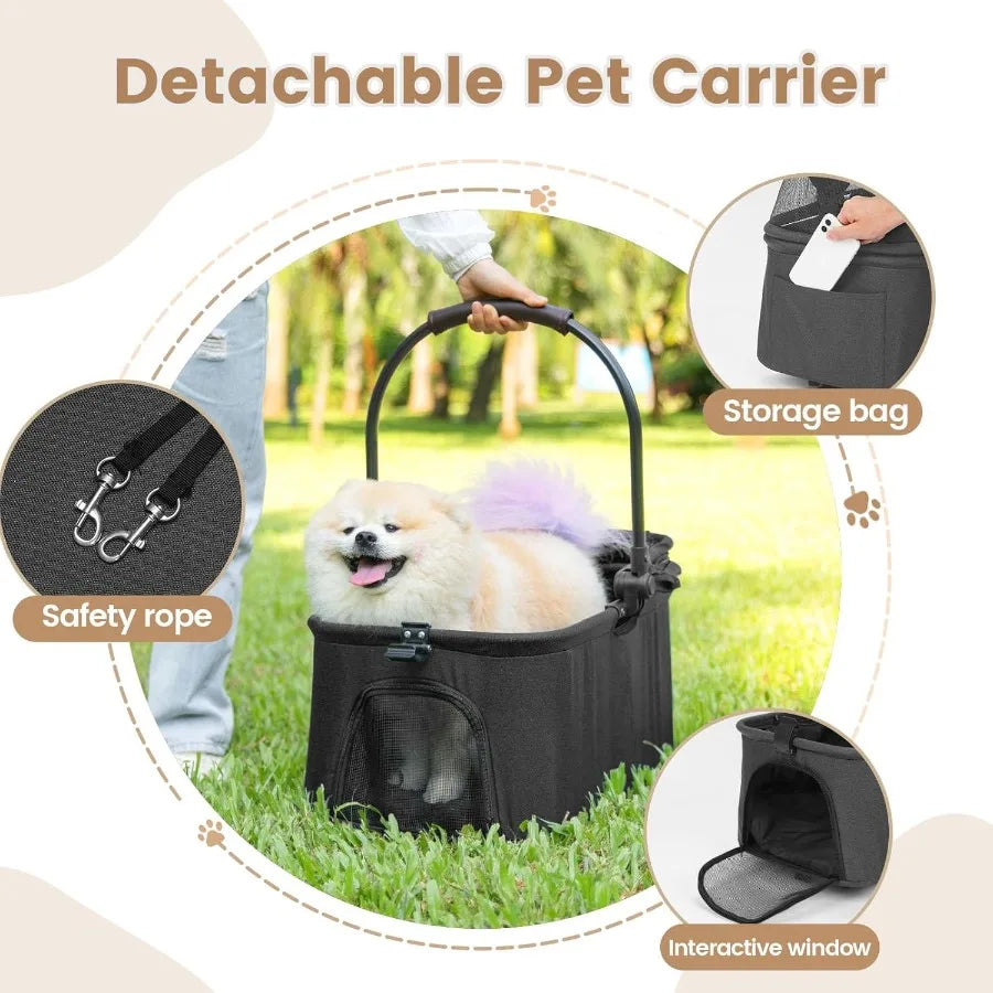 3 in 1 Dog Stroller Upgraded Frame Up to 44lbs Pet Stroller with Dog Poop Bags Dispenser Zipperless Entry Storage Basket