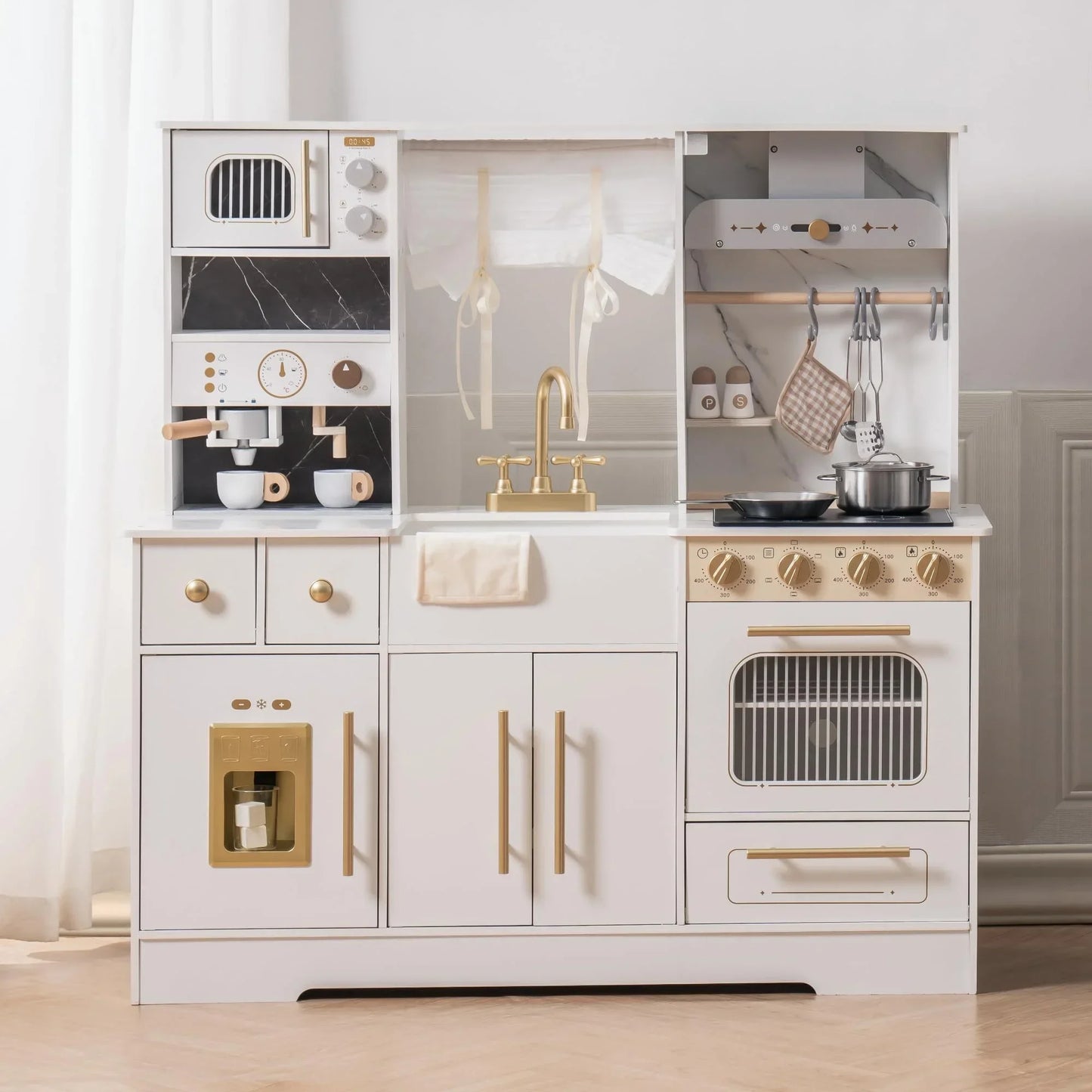 Robotime Robud Play Kitchen Wooden with Wash basin Cookware Accessories Microwave Toy Kitchen Gift for Boys Girls 3+ Black White