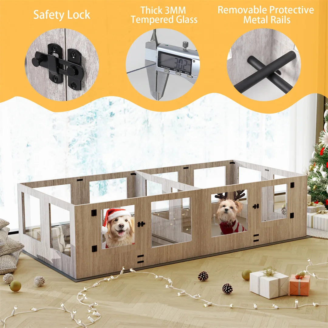 Tempered Glass Pet Whelping Box with Waterproof Fertility Pad Dog Playpen Exercise Cage for Puppies