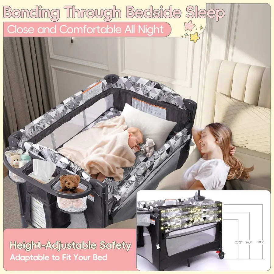 5in1 Baby Bassinet Bedside Sleeper, Portable Pack and Play with Changing Table, Baby Crib with Carry Bag, Cosleeper Bassinet Att