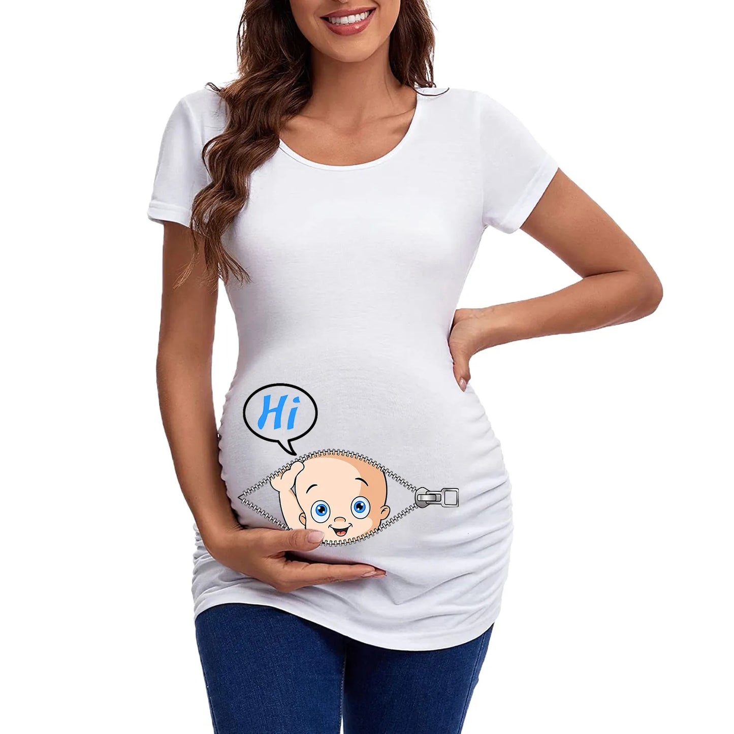 Maternity Short Sleeve Fun Printed Casual Daily Wear Elastic Tops For Women, XS-XXXL sizes available
