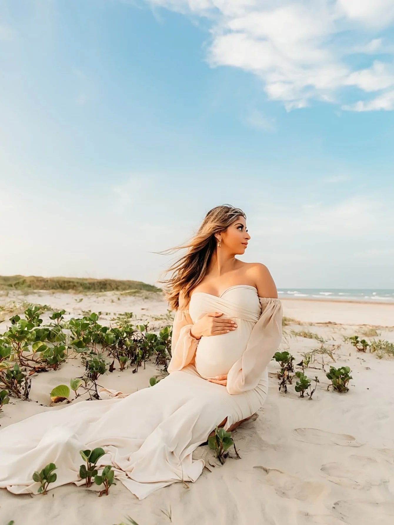 Maternity Photography Dress Off-Shoulder Mesh Puff Sleeve Slim Pregnancy Women's Maxi Gowns For Baby Shower Photoshoot