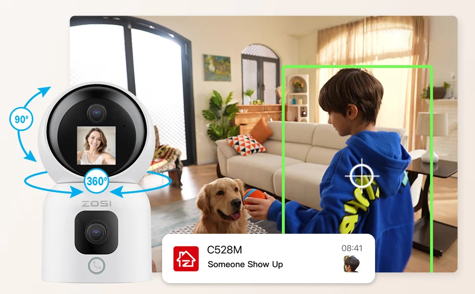 ZOSI Smart Baby Cams WiFi PTZ Auto Tracking AI 360° Panoramic Indoor Video Surveillance