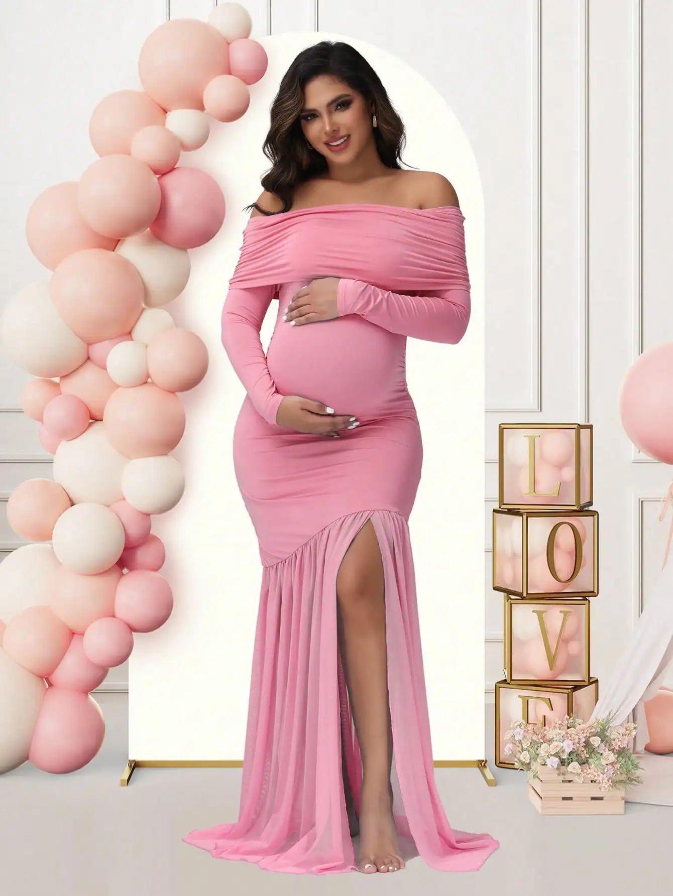 Maternity Photography Off-Shoulder Slits Fishtail Hem Baby Shower Clothes For Pregnant Woman Evening Party Elegant Gown