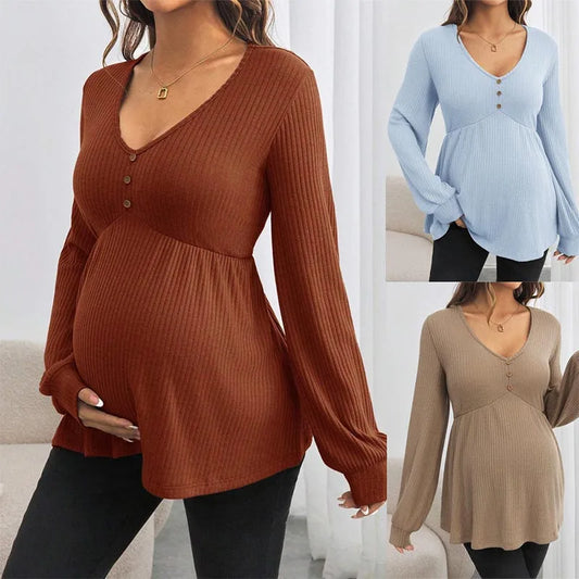 Maternity V-neck T-shirt  Summer Solid Color Long Sleeve Pregnant Women's Wear