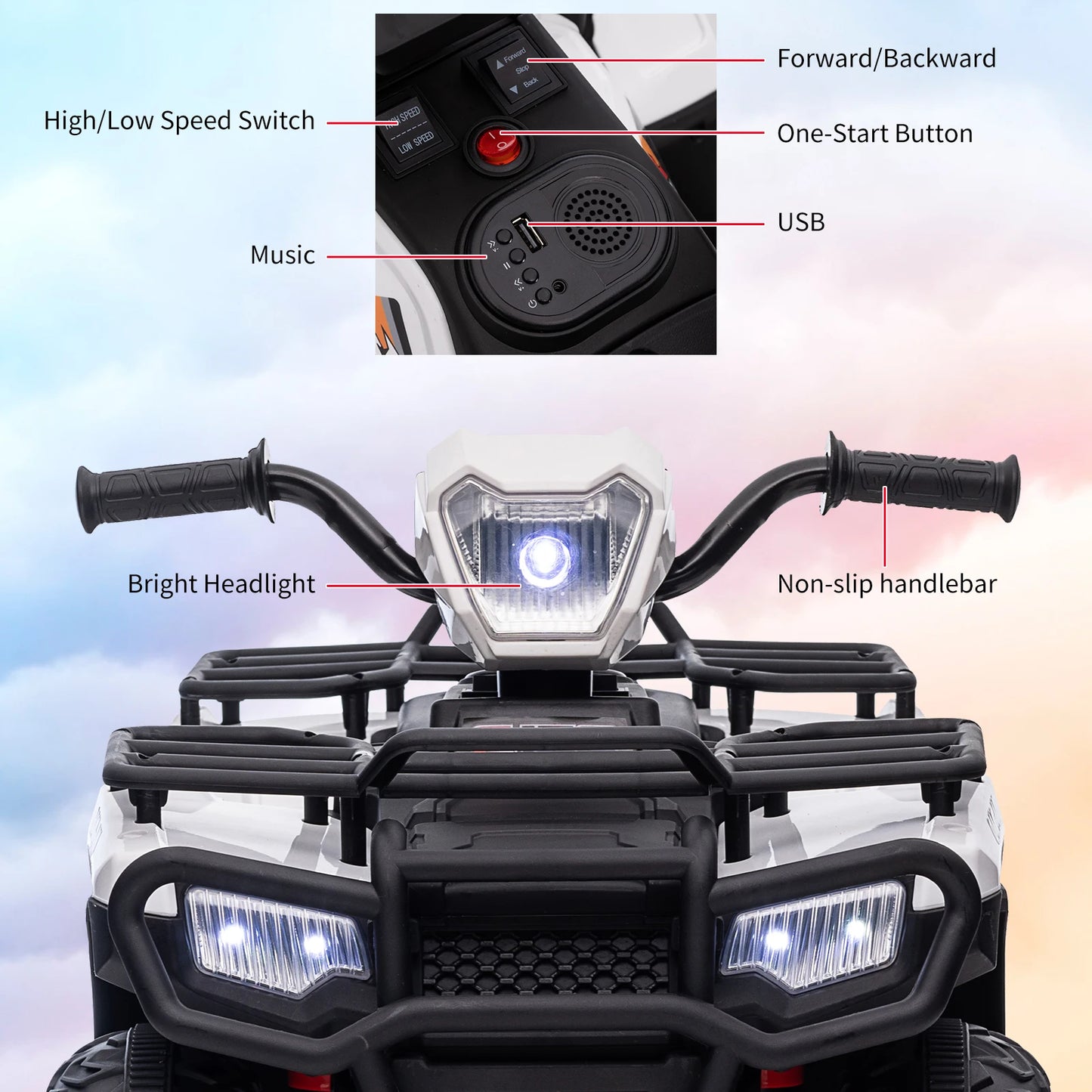 Kids, Age 2.5 - 5 years old, Ride On ATV 12V Battery-Operated Electric Vehicle Car, High/Low 2.2mph Safety Speed, One Button Start, LED Light for Toddlers