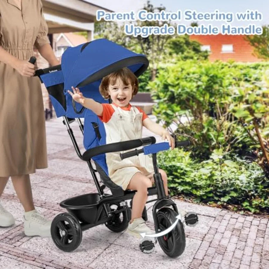 Stroller Tricycle 6 in 1 Baby Trike Toddler Bike with Reversible Seat Adjustable Push Handle Control Direction Removable Canopy