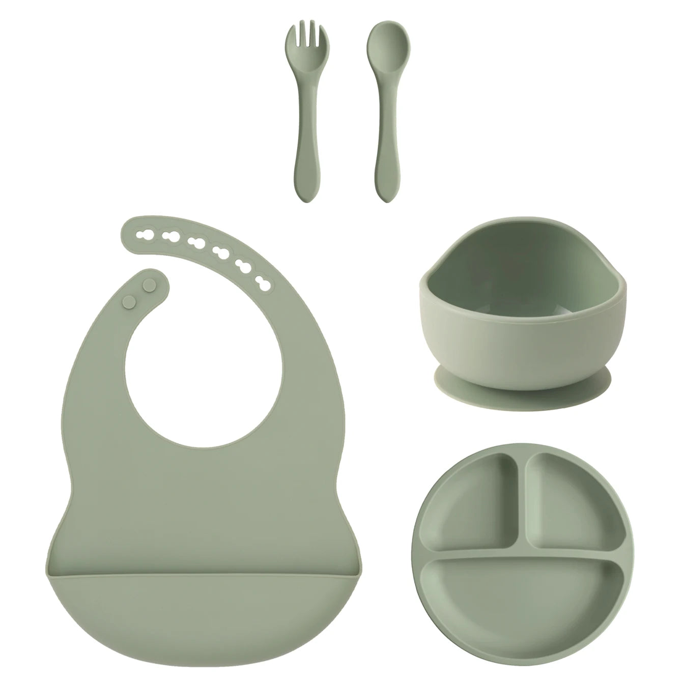 5PCS Silicone BPA Free Baby Toddler Feeding Set; Suction Plate, Suction Bowl, Bib, Spoon Fork Training Tableware Gift Set