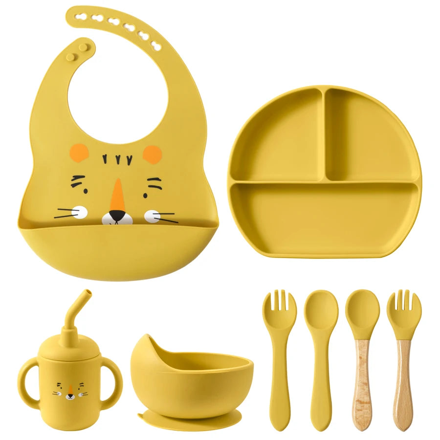 100% Food Grade Silicone Baby Cup, Bowl, Bib, Suction Dish and Utensils Sets