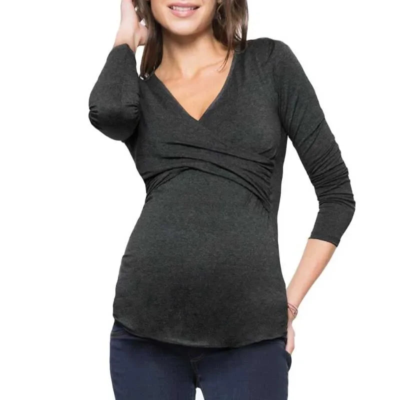Maternity Nursing V-neck Long Sleeve Top  Breastfeeding Clothes for Pregnant Woman