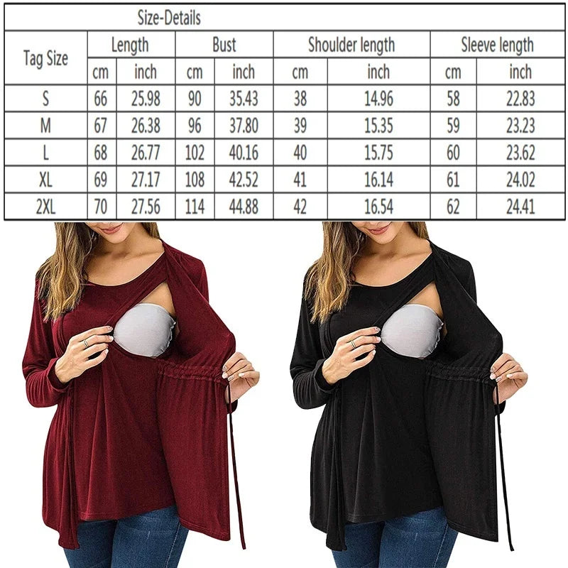 Nursing Long Sleeve Round Neck Fake Two Piece Lace Up Breastfeeding Pregnant Women's Top Autumn Winter