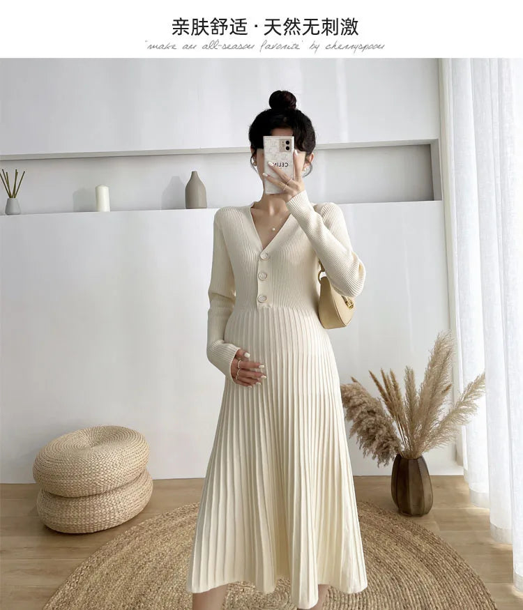 Maternity V-Neck Long Sleeve Sweater Dress