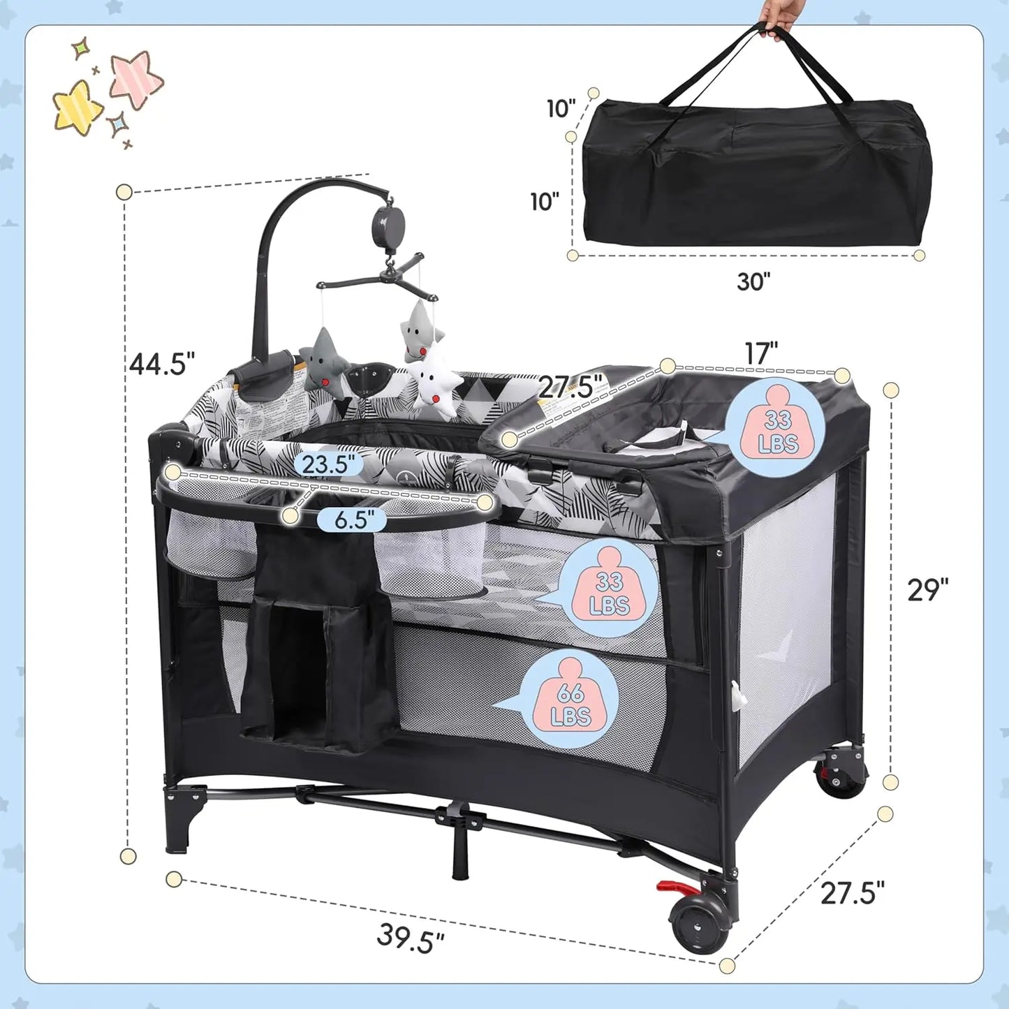 5-in-1 Portable Baby Crib with Changing Table, Bassinet, Storage Bag & Music Box for Newborn to Toddlers