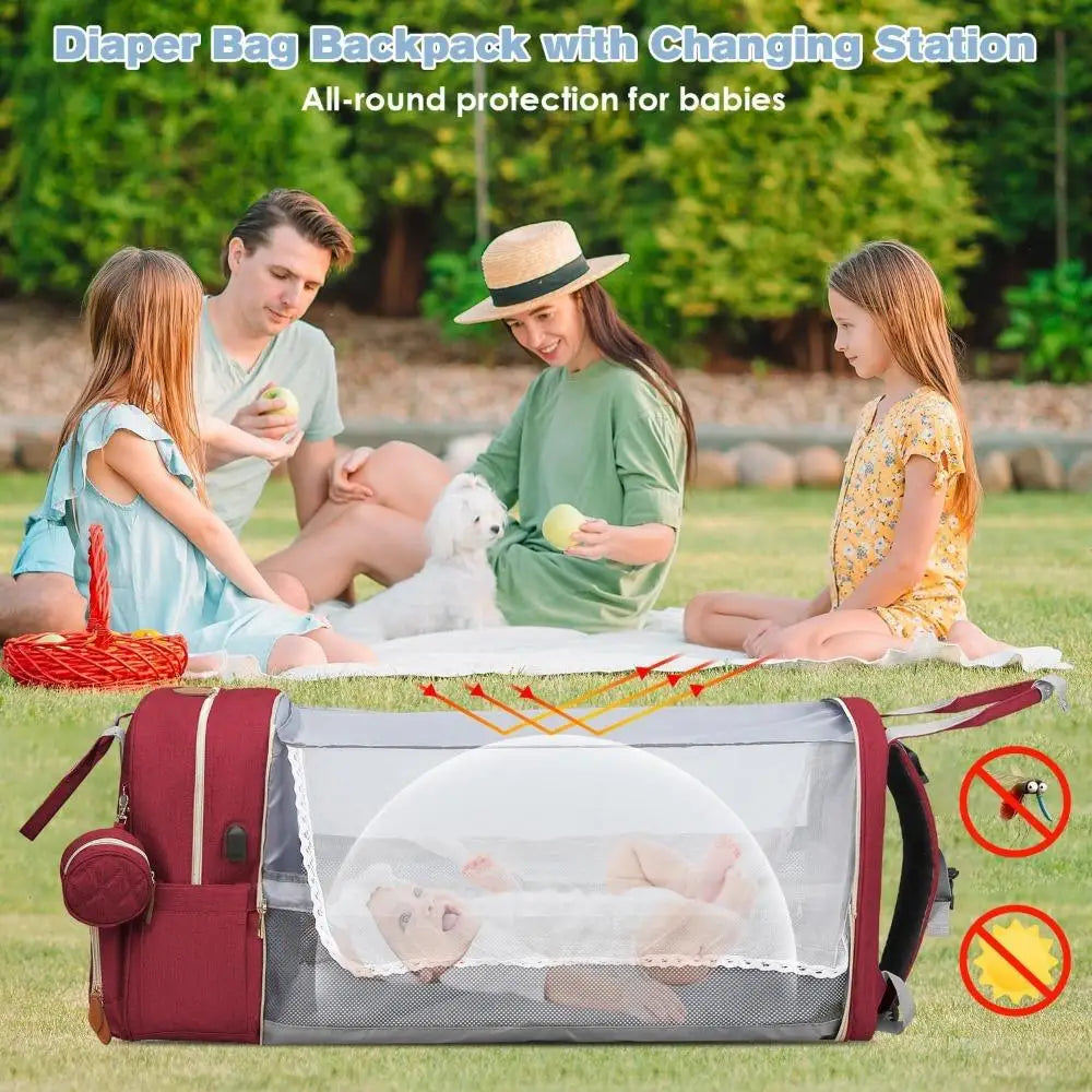 Large Diaper Bag with Changing Station, Foldable Diaper Bag Backpack with Bed, Diaper Bag with Insulated Pockets
