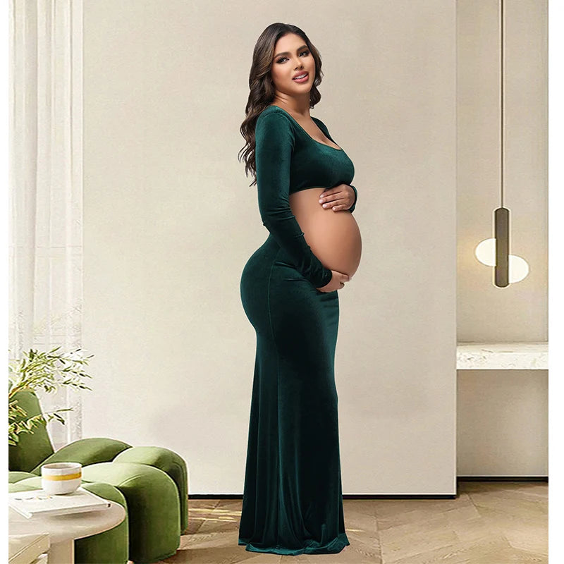 Maternity Photography Dress Velvet Sexy Exposed Belly Long Sleeve Backless Square Neck Women Photoshoot Dress