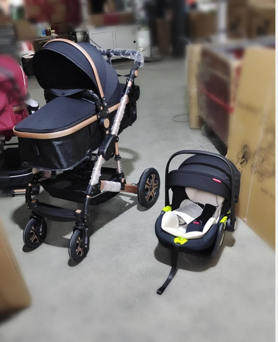 Baby Stroller Combo Car Seat, Baby Travel System with Isofix Base, Baby Carriage 3 in1 Reversible Foldable Standard Stroller