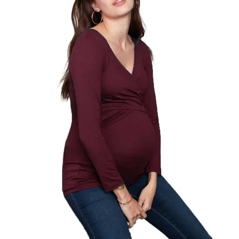 Maternity Nursing V-neck Long Sleeve Top  Breastfeeding Clothes for Pregnant Woman