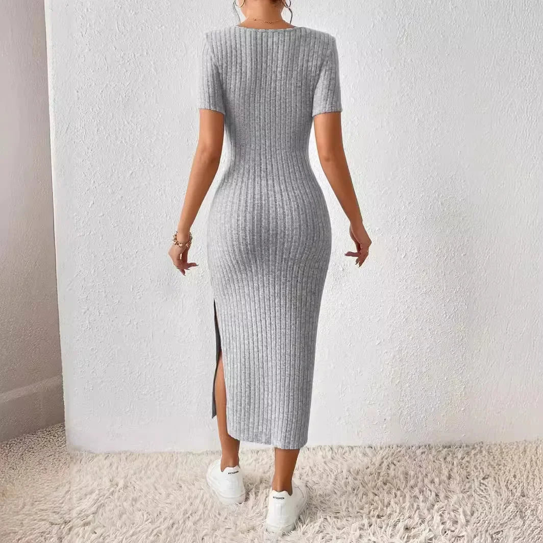 Maternity Dresses Hot Fashion Square Neck Side Knit Solid Color Clothes Pregnant Women Short-sleeved Dress Pregnant Women