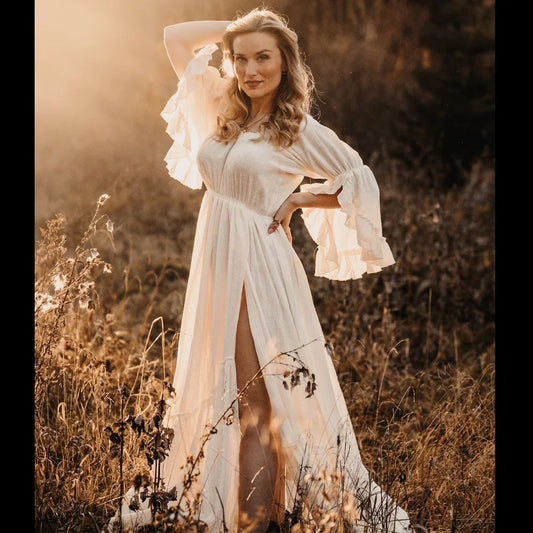 Maternity Photography Bohemian Props Dress Linen Cotton One Shoulder Long Sleeves Two piece set