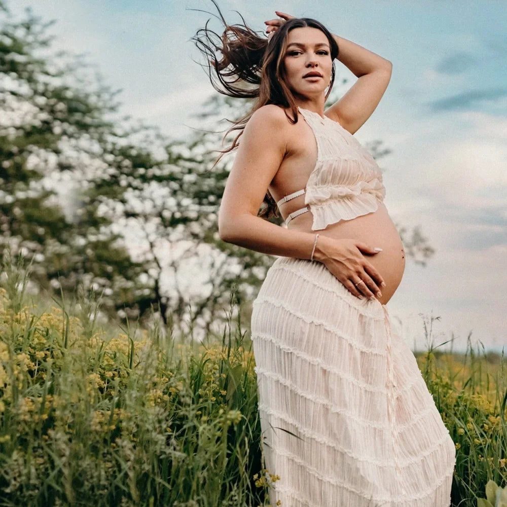 Maternity Photography Dress - Sexy Pleated Halter Top with Matching Chiffon Skirt, 2PC Set