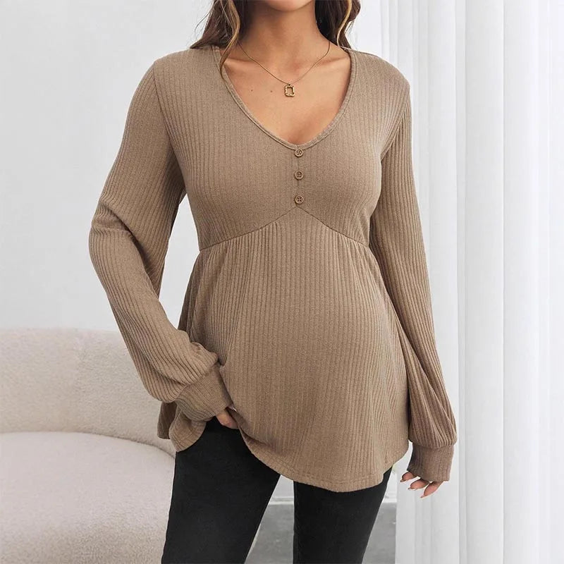 Maternity V-neck T-shirt  Summer Solid Color Long Sleeve Pregnant Women's Wear