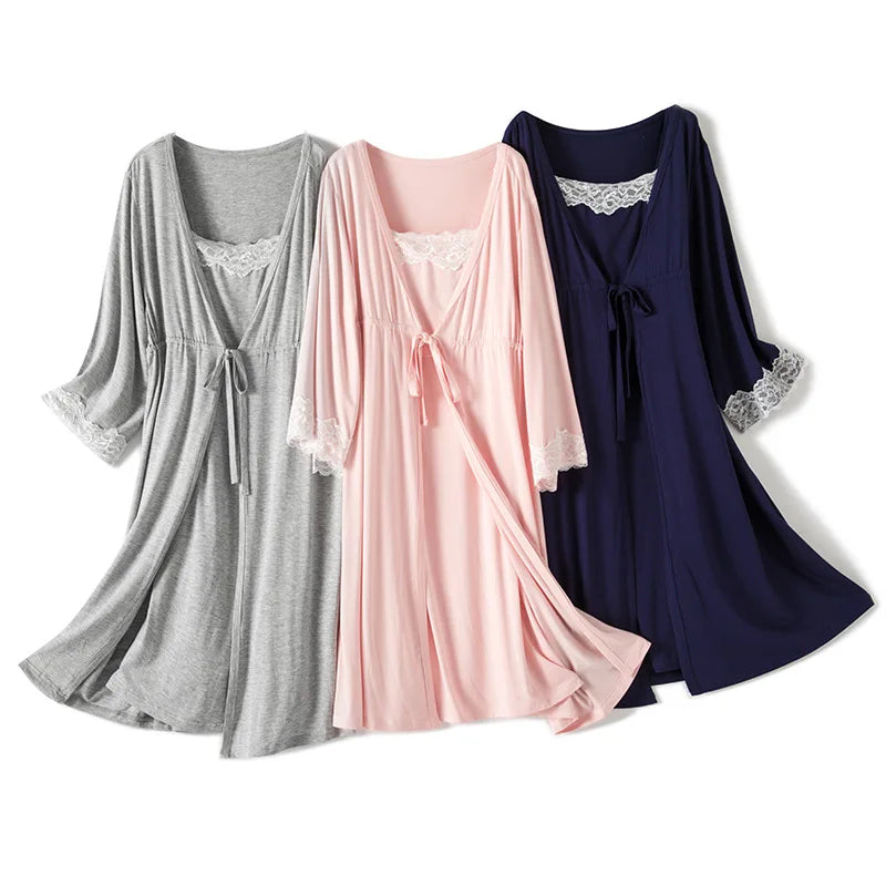Maternity Labor Dress+Robe Childbirth Pregnancy Pajamas Sleepwear Nursing Sling Breastfeeding Nightgown - 2pcs/Set
