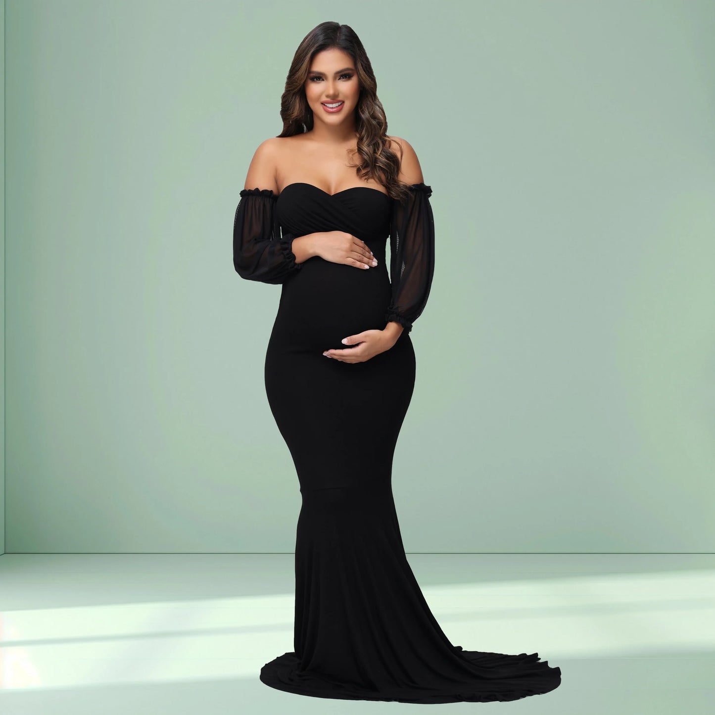 Maternity Photography Dress Off-Shoulder Mesh Puff Sleeve Slim Pregnancy Women's Maxi Gowns For Baby Shower Photoshoot