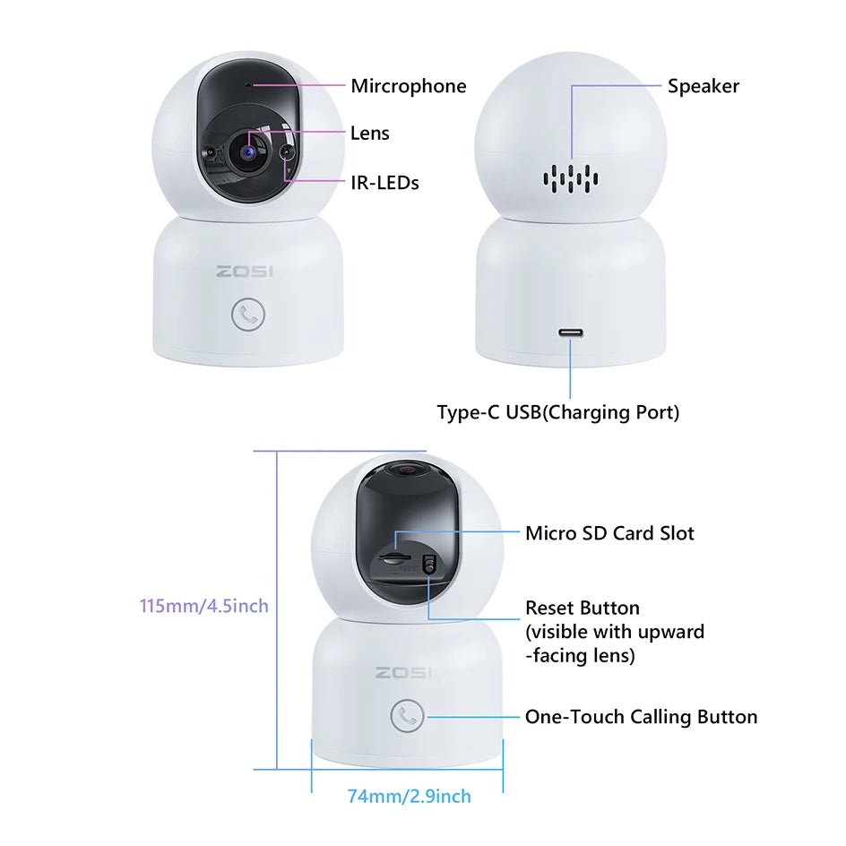 ZOSI Smart Baby Cams WiFi PTZ Auto Tracking AI 360° Panoramic Indoor Video Surveillance